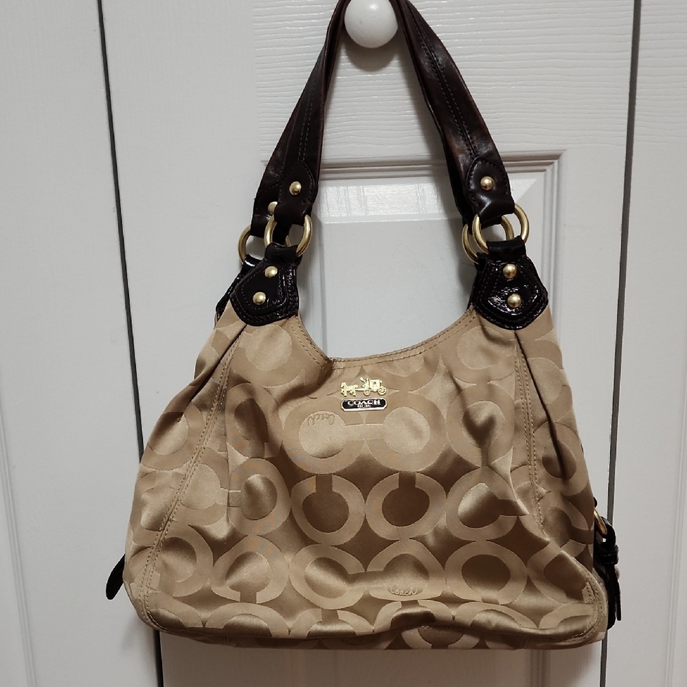 Coach Tan and Brown Signature Shoulder Bag